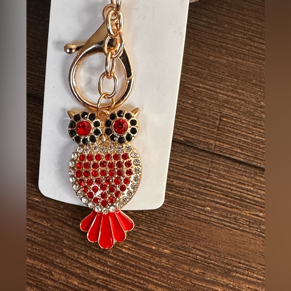 Keychain Red and Gold rhinestone Owl metal